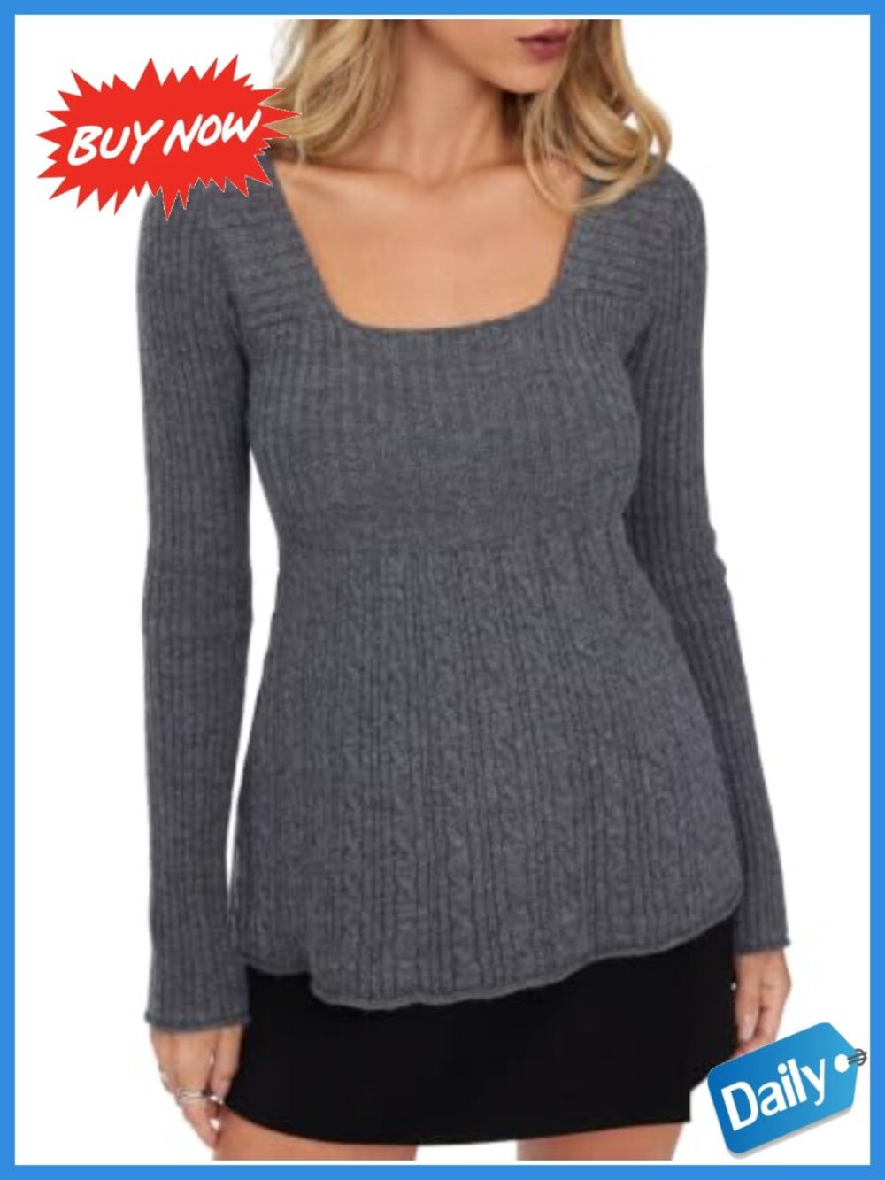 Cable Knit Peplum Sweater Square Neck Long Sleeve Pullover